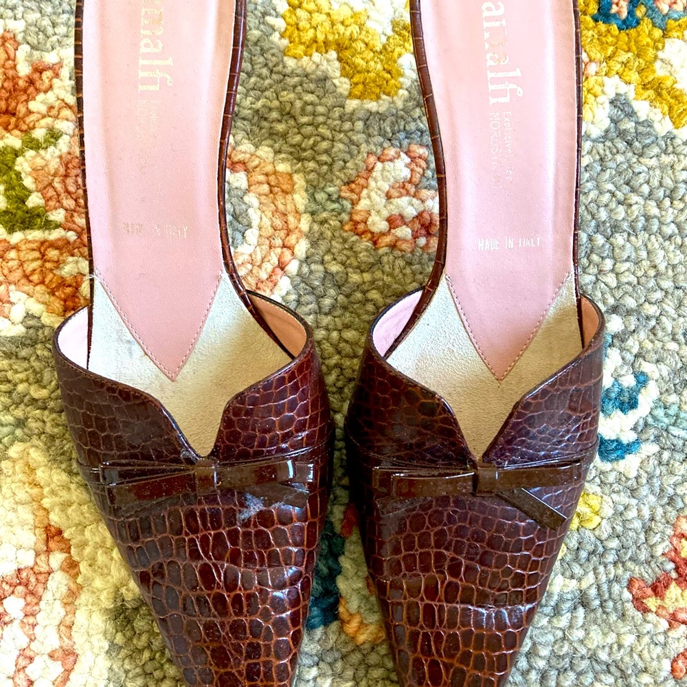 Amalfi Brown Croc-Embossed Pointed Toe Mules